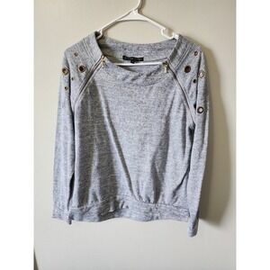 Always Indigo Womens Gray Heather Knit Top Gold Zipper Grommet Shoulder Large